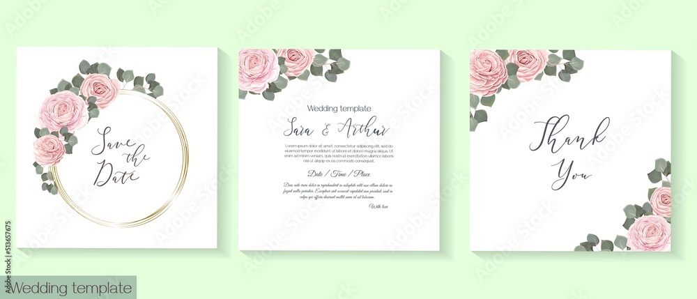 Vector floral template for wedding invitations. Pink roses, eucalyptus, gold frame. Floral pattern on invitation card