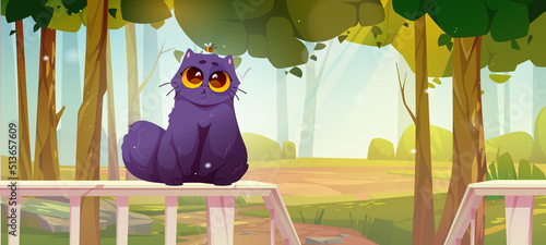 Cute cat sit on wooden terrace fence on forest landscape. Vector cartoon illustration of summer background with green trees, gravel road and black funny furry kitten on railing veranda