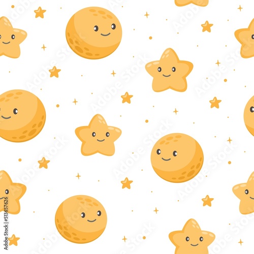 Seamless vector pattern. Smiling moon and stars. Cute children's cartoon background. Pattern on white background 