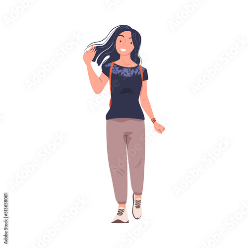 Walking Woman Character Strolling in the Street and Smiling Vector Illustration