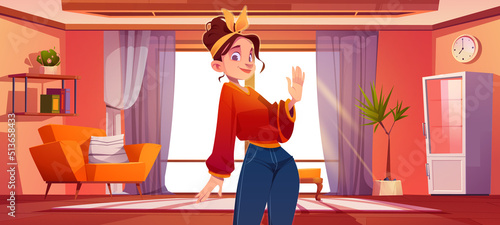 Woman in living room with couch, arm chair and shelf with books. Vector cartoon illustration of cozy house or apartment interior in modern style and girl with hairband waving hand