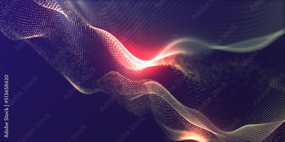 Fototapeta premium Technology digital wave background concept. Wave stream digital illustration. Network line connects to stream. Falling cyber particles. Big data stream. 3d rendering