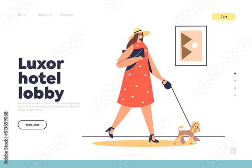 Luxor hotel lobby concept of landing page with woman visitor with dog walking in corridor