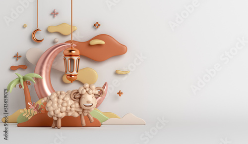 Eid al adha islamic decoration background with goat sheep arabic lantern crescent, ramadan kareem, mawlid, iftar, eid al fitr, muharram, copy space text area, 3D illustration. photo