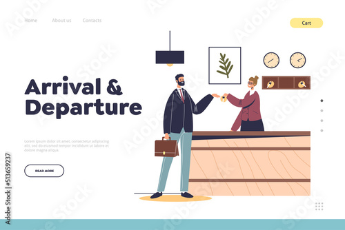 Arrival and departure concept of landing page with male visitor at hotel reception in lobby