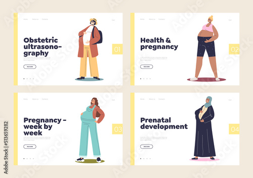Pregnancy and motherhood concept of template landing pages set with different pregnant women