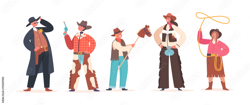 Cowboy Kids Wear Traditional Wild West Costumes and Hats. Boys and Girls Characters Western Personages Isolated on White