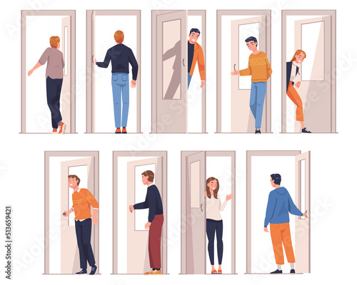 People Character at the Door Opening and Closing It Entering and Leaving Home Vector Illustration Set