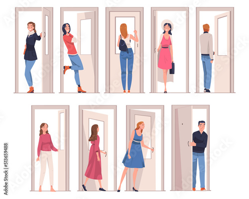 People Character at the Door Opening and Closing It Entering and Leaving Home Vector Illustration Set