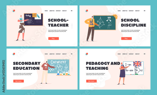 Teachers Stand at Blackboard Landing Page Template Set. Tutors Teach Biology, Geometry, Chemistry and English Language