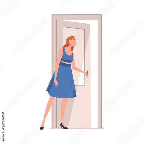 Woman Character at Open Door Peeking Out with Curiosity Vector Illustration
