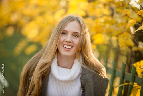 Portrait of a beautiful young woman against a background of colorful golden foliage in an autumn park. Attractive woman with light brown hair. Fall season. Close-up. Shallow depth of field.