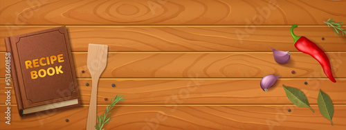 Recipe book on wooden table background. Banner with cookbook and condiments red chili pepper, garlic, rosemary, allspice, bay leaves and wood spoons cooking tools, Realistic 3d vector illustration