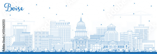 Outline Boise Idaho City Skyline with Blue Buildings.