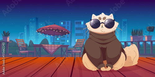 Cute cat sitting on wooden terrace with night view. Funny pet wear trendy clothes and glasses on patio area with table and chairs under umbrella on cityscape background, Cartoon vector illustration