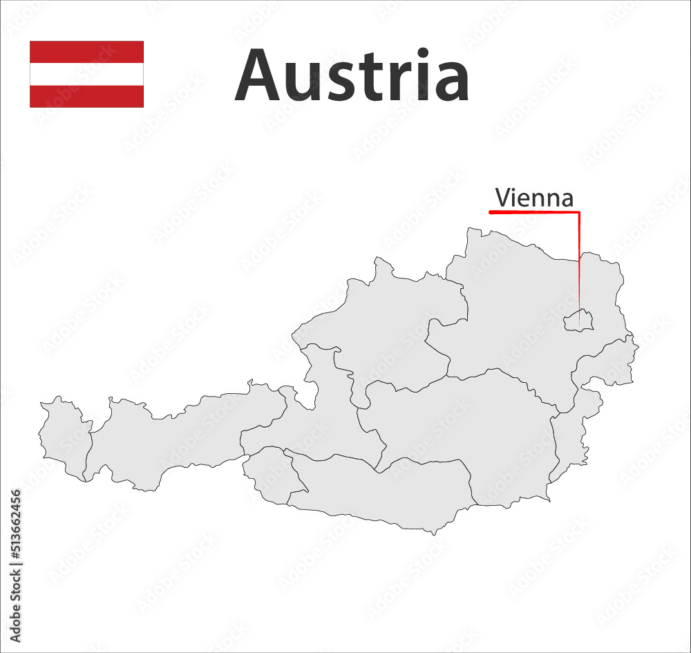 Obraz premium Map with city boundaries and the flag of Austria.