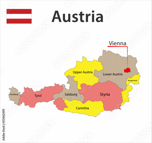 Map with city boundaries and the flag of Austria.