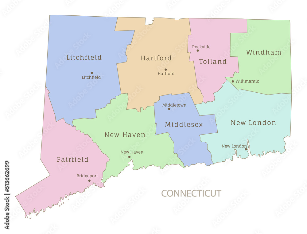 Administrative color map of Connecticut, American federal state. USA state highly detailed map with territory borders and counties names labeled realistic vector illustration