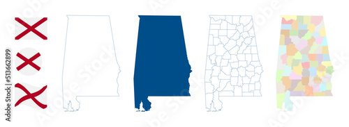 Alabama map. Detailed blue outline and silhouette. Administrative divisions and counties. Flag of Alabama. Set of vector maps. All isolated on white background. Template for design and infographics.