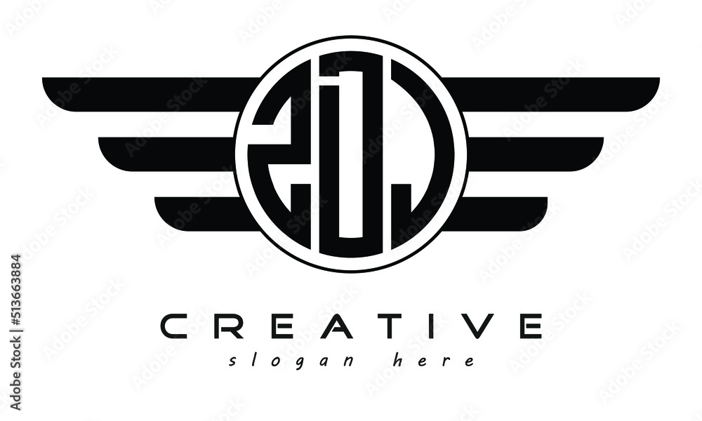 ZDJ three letter circle with wings logo design vector template. wordmark logo | emblem logo | monogram logo | initial letter logo | typography logo | business logo | minimalist logo | - obrazy, fototapety, plakaty 