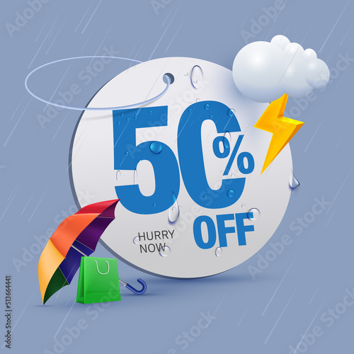 monsoon offer tag 50 percent off written on price tag surrounded with monsoon elements photo