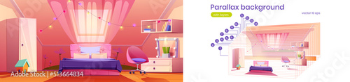 Parallax background girl bedroom on attic for 2d game animation. Cute Interior in pink colors with bed, wardrobe, mirror, curtained window and garlands. Cozy vector mansard for teen separated layers