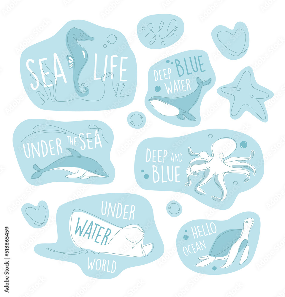 One line marine life sticker set. Underwater outline animals emblem. Line art ocean and sea life lettering collection.