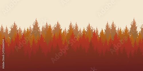 Pine Forest Landscape with Spring Color. Fir Trees Scenery Views Vector Illustration