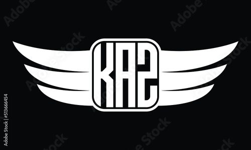 KAZ three Letter Wings Flying Initial wing symbol minimalist creative concept flag icon professional logo design Vector template with abstract black and white tattoo