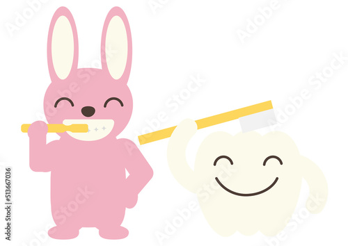 笑顔で歯磨きをしている兎と歯のキャラクターのイラスト