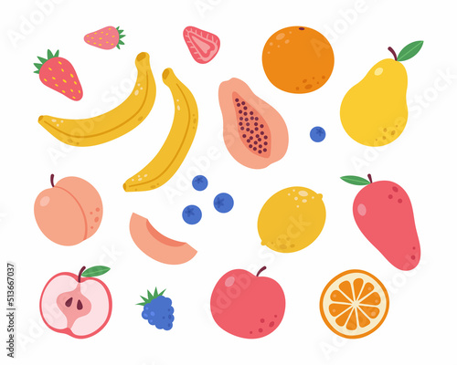 Fototapeta Naklejka Na Ścianę i Meble -  A set with hand-drawn fruits. A flat tropical set of banana, apple, pear, peach, strawberry, lemon, papaya, peach, mango and some berries. Vector illustration.