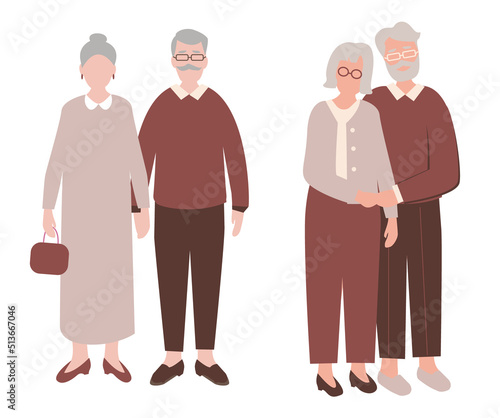Portrait of a senior elderly couple isolated on a white background, old couple.An elderly man and woman. Cartoon elder grandparents. Colored flat illustration of a gray-haired grandmother, grandfather