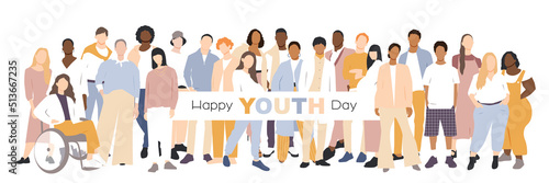 Happy Youth Day banner. People stand side by side together. Flat vector illustration.
