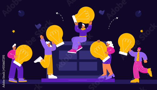 Creative idea, inspiration, innovation concept. Tiny people with huge light bulbs at laptop screen. Business characters team hold lamps search solution or insights, Line art flat vector illustration
