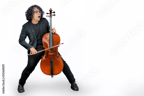 cellist asian man play classic wood cello on white isolated background