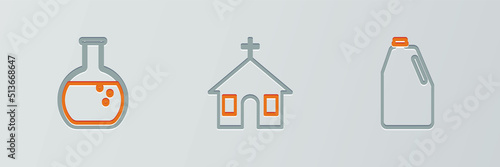 Set line Household chemicals bottle, Test tube and flask and Church building icon. Vector
