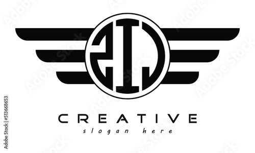 ZIJ three letter circle with wings logo design vector template. wordmark logo | emblem logo | monogram logo | initial letter logo | typography logo | business logo | minimalist logo | photo