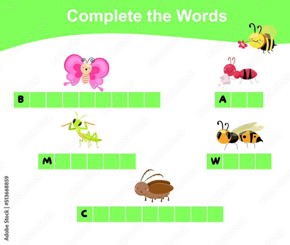 What letters are missing? Complete the words. Educational worksheet activity for preschool kids. Vector illustration.