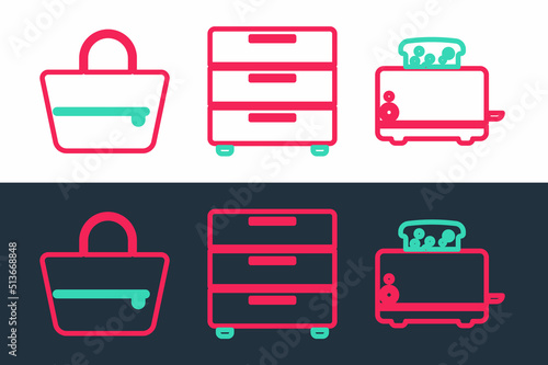 Set line Toaster with toasts, Handbag and Furniture nightstand icon. Vector