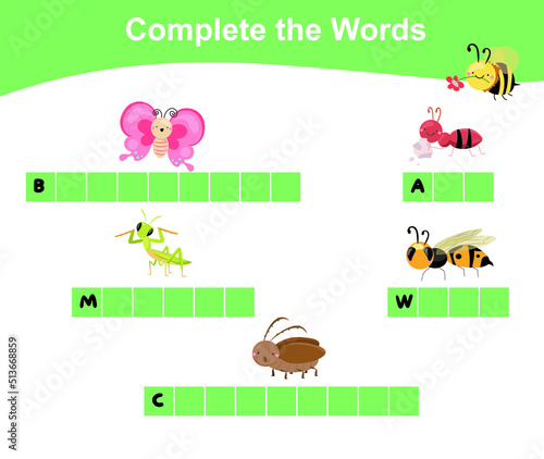 What letters are missing? Complete the words. Educational worksheet activity for preschool kids. Vector illustration.