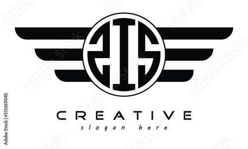 ZIS three letter circle with wings logo design vector template. wordmark logo | emblem logo | monogram logo | initial letter logo | typography logo | business logo | minimalist logo | photo