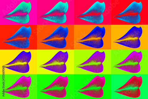 Contemporary art background with colored lips. Digital texture backdrop. Trendy art, creative fun culture. Contemporary neural network art poster. Funky punk collage design. Creative concept.