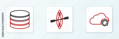 Set line Cloud sync refresh, Database and Kayak and paddle icon. Vector