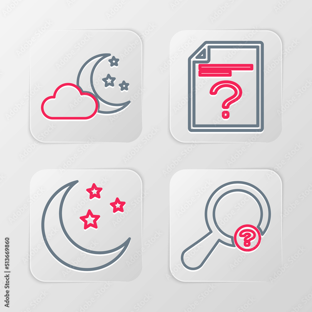 Set line Unknown search, Moon and stars, document and Cloud with moon icon. Vector