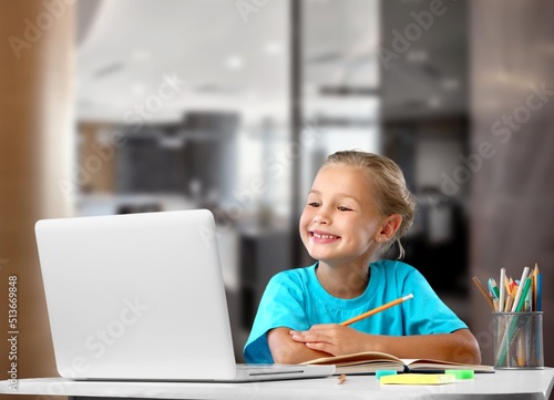 Portrait of smiling child studying at home, homeschooling concept
