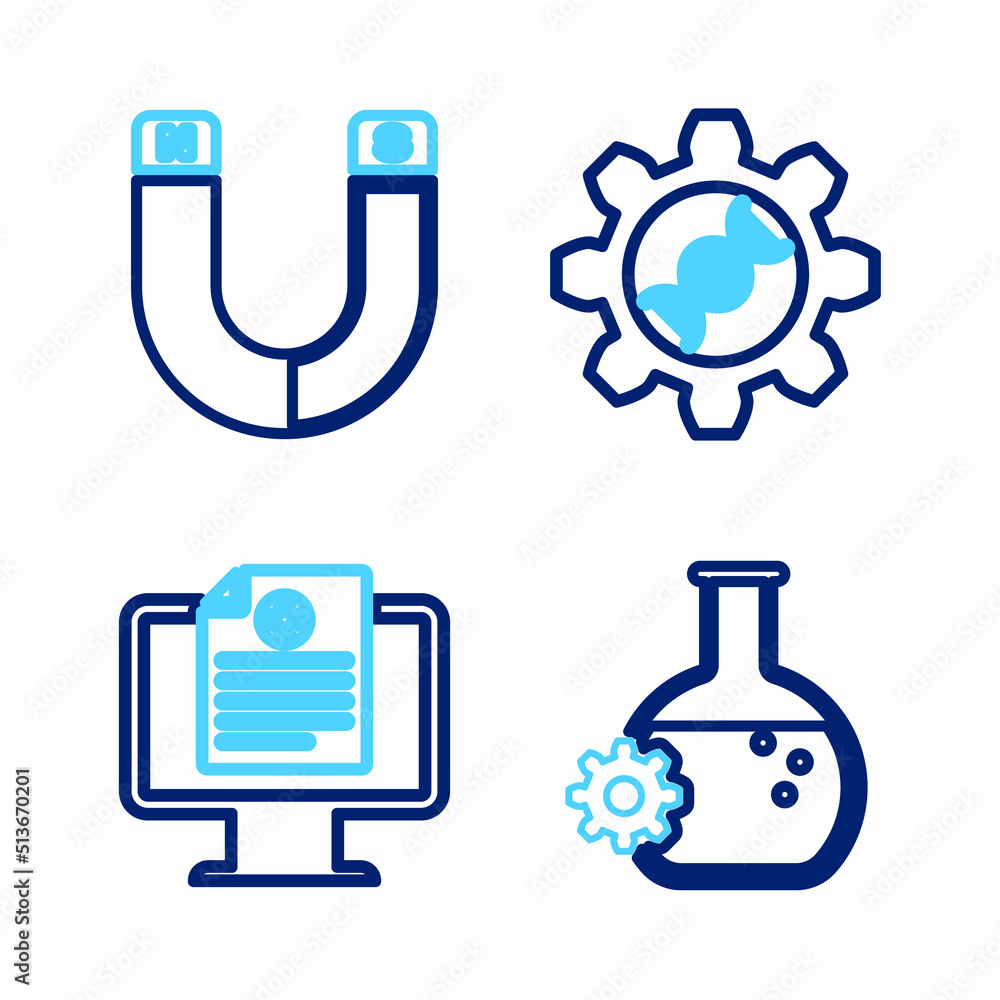 Set line Bioengineering, Clinical record on monitor, Genetic and Magnet icon. Vector Set line Bioengineering, Clinical record on monitor, Genetic and Magnet icon. Vector