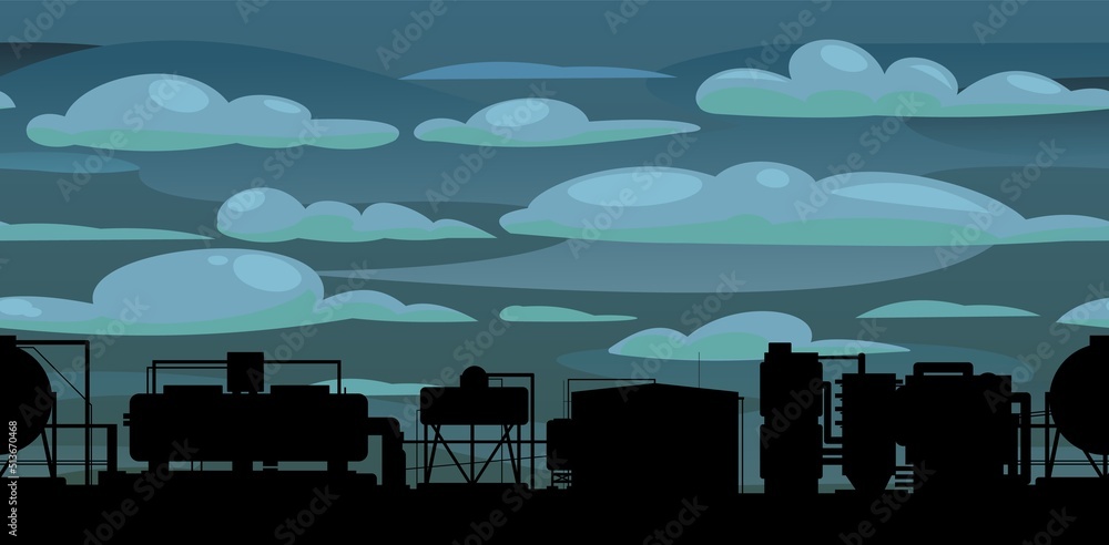 Production plant. Seamless horizontal composition. Cloudy weather and smoke. Silhouette of objects. Industrial technical equipment. Factory chemical. Modern technology enterprise. Vector