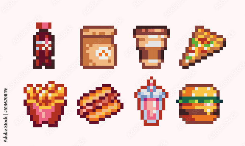 Fast food and to go beverages pixel art set. Soda, coffee, pizza, hot