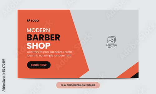 Modern barber shop video thumbnail template. Editable salon web banner template