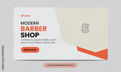 Modern barber shop video thumbnail template. Editable salon web banner template